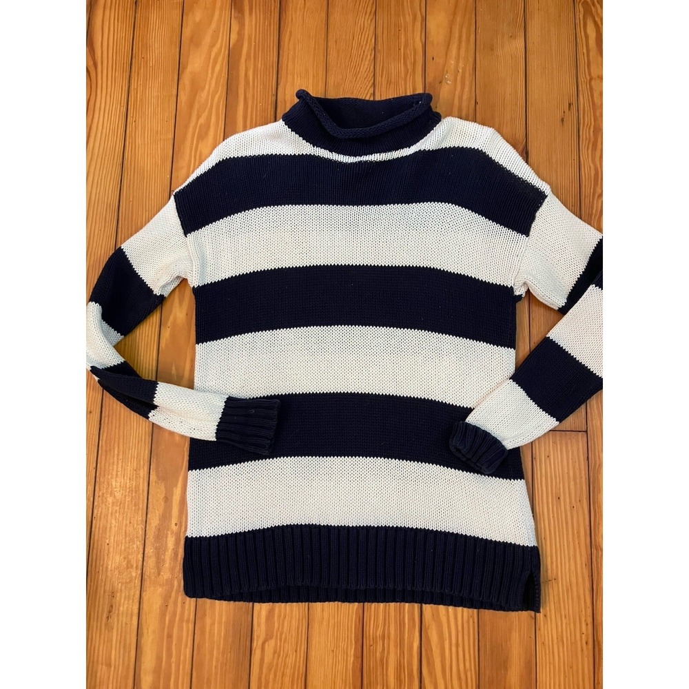 Crown and Ivy sweater Sz M navy‎ blue & white striped chunky cable knit nautical